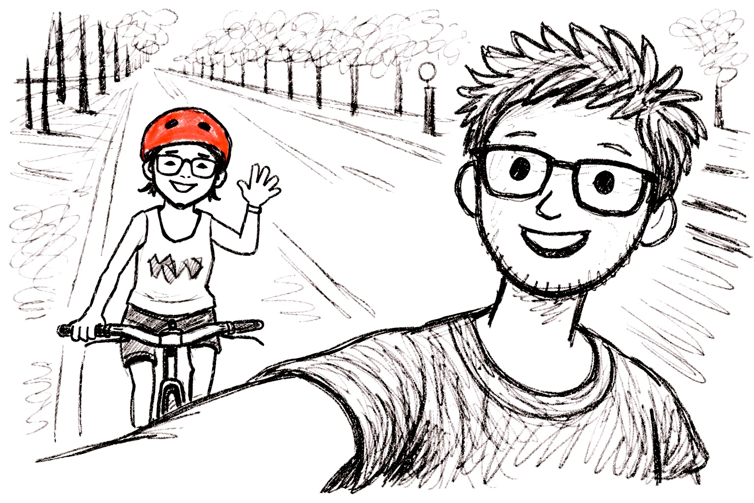 Selfie at the Fairmount Park pencil sketch